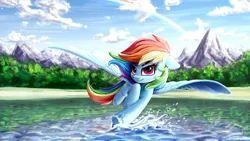 Size: 4098x2304 | Tagged: safe, artist:rysunkowasucharia, derpibooru import, rainbow dash, pegasus, pony, 16:9, beach, beautiful, cloud, cute, dashabetes, female, floppy ears, flying, high res, looking at you, mare, mountain, outdoors, plant, rainbow, scenery, scenery porn, skimming, sky, smiling, smirk, solo, splashing, spread wings, thick eyebrows, wallpaper, water, wings