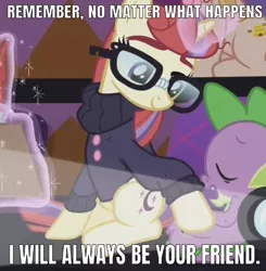 Size: 640x652 | Tagged: safe, derpibooru import, edit, edited screencap, editor:undeadponysoldier, screencap, moondancer, spike, dragon, pony, unicorn, the cutie re-mark, best friends forever, best friends until the end of time, caption, clipboard, clothes, cropped, cute, daaaaaaaaaaaw, female, glasses, glowing horn, horn, image macro, magic, male, mare, projector, quill, spikabetes, spikelove, sweater, telekinesis, text