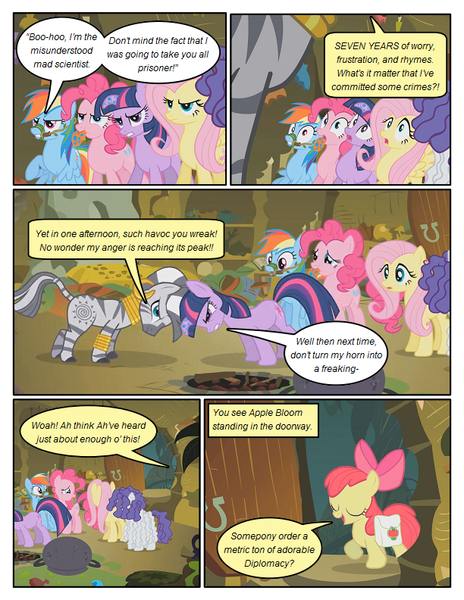 Size: 612x792 | Tagged: safe, artist:newbiespud, derpibooru import, edit, edited screencap, screencap, apple bloom, fluttershy, pinkie pie, rainbow dash, rarity, twilight sparkle, zecora, earth pony, pegasus, pony, unicorn, zebra, comic:friendship is dragons, bridle gossip, angry, bag, bit gag, bow, cauldron, comic, dialogue, ear piercing, earring, eyes closed, female, filly, floppy horn, gag, hair bow, horn, jewelry, mare, messy mane, neck ring, piercing, poison joke, raised hoof, saddle bag, screencap comic, tongue out, unicorn twilight, zecora's hut