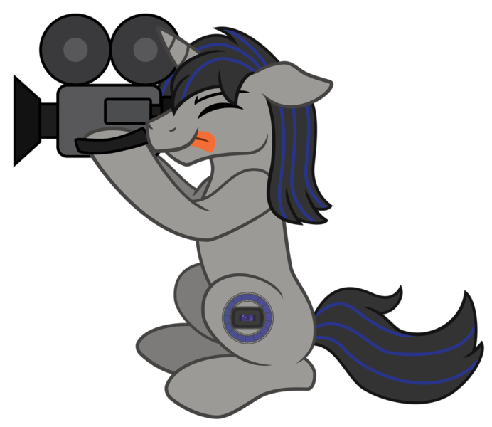 Size: 960x832 | Tagged: safe, artist:showtimeandcoal, derpibooru import, oc, oc:film-shot, unofficial characters only, pony, unicorn, camera, commission, digital art, film, filming, male, ponysona, simple background, solo, stallion, tongue out, transparent background, upright, vector