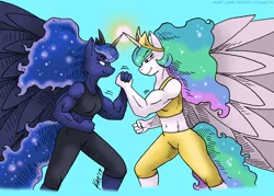 Size: 1200x857 | Tagged: alicorn, anthro, arm wrestling, artist:kaemantis, between dark and dawn, clothes, commission, derpibooru import, female, horn, horns are touching, large wings, muscles, princess celestia, princess luna, princess muscle moona, princess musclestia, royal sisters, safe, shorts, smiling, wings