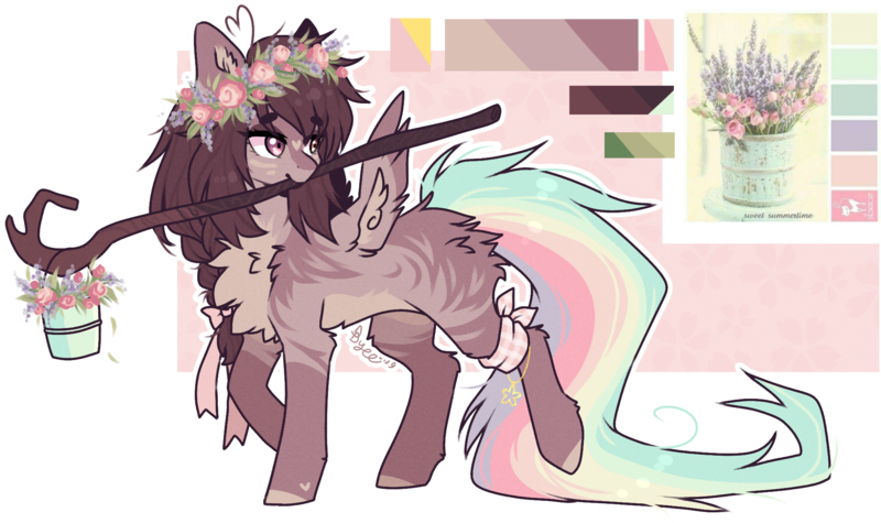 Size: 1982x1178 | Tagged: safe, artist:tenebristayga, derpibooru import, oc, unnamed oc, pegasus, pony, butt fluff, chest fluff, color palette, ear fluff, female, flower, rainbow tail, solo, stick, wing fluff