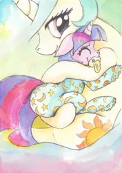 Size: 1568x2214 | Tagged: suggestive, artist:asdfasfasda, derpibooru import, princess celestia, twilight sparkle, pony, adult foal, diaper, diaper fetish, eyes closed, fetish, footed sleeper, hug, momlestia, pacifier