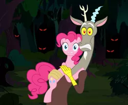 Size: 2536x2080 | Tagged: safe, derpibooru import, discord, pinkie pie, afraid of the dark, dark forest, discopie, eyes in the dark, female, forest, frightened, glowing eyes, looking at you, male, red eyes, scared, scary, shipping, spooky, straight