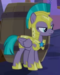 Size: 384x479 | Tagged: safe, derpibooru import, screencap, queen chrysalis, vanguard cover, pegasus, pony, the summer sun setback, annoyed, armor, barrel, cropped, disguise, disguised changeling, female, guardsmare, helmet, hoof shoes, mare, royal guard, solo, tail wrap