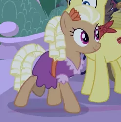 Size: 802x807 | Tagged: safe, derpibooru import, screencap, bandana baldwin, high stakes, prairie belle, earth pony, pony, the summer sun setback, appleloosa resident, background pony, clothes, cropped, dress, female, mare, ringlets, smiling, solo focus, walking