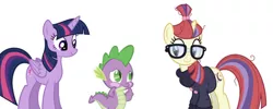 Size: 657x264 | Tagged: artist needed, safe, artist:superelectrogirl98, derpibooru import, edit, editor:undeadponysoldier, moondancer, spike, twilight sparkle, twilight sparkle (alicorn), alicorn, dragon, pony, unicorn, blushing, cute, female, glasses, happy, male, mare, shipping, simple background, spike gets all the mares, spikedancer, spikelove, straight, twispike, vector used, white background