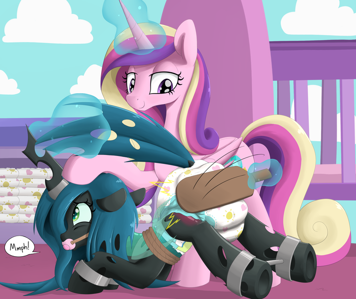 Size: 2500x2100 | Tagged: questionable, alternate version, artist:skitter, derpibooru import, princess cadance, queen chrysalis, alicorn, changeling, changeling queen, pony, bdsm, bondage, bound wings, crib, diaper, diaper fetish, female, fetish, gag, glowing horn, horn, horn ring, lidded eyes, magic, magic suppression, messy diaper, muffled moaning, pacifier gag, paddle, ring, rope, rope bondage, smiling, spanking, speech bubble, spreader bar, telekinesis, wings
