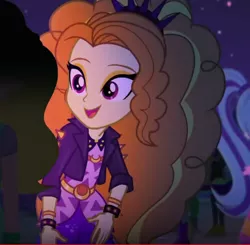 Size: 490x480 | Tagged: safe, derpibooru import, screencap, adagio dazzle, equestria girls, equestria girls series, find the magic, spoiler:eqg series (season 2), adoragio, bracelet, clothes, cropped, cute, headband, jacket, jewelry, leather jacket, smiling, solo, spiked headband, spiked wristband, watch, when she smiles, wristband, wristwatch