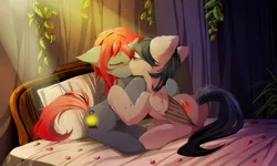 Size: 1600x960 | Tagged: safe, artist:skyeypony, derpibooru import, oc, oc:quillwright, oc:willow wisp, unofficial characters only, pegasus, pony, unicorn, fallout equestria, bed, blushing, fallout equestria: of shadows, female, kissing, lesbian, shipping