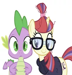 Size: 653x679 | Tagged: artist needed, safe, derpibooru import, edit, editor:undeadponysoldier, moondancer, spike, dragon, pony, unicorn, blushing, confused, cute, female, glasses, happy, male, mare, shipping, simple background, spikedancer, spikelove, straight, vector used, white background