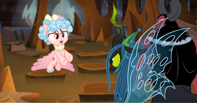 Size: 1233x649 | Tagged: alicorn, alicornified, centaur, changeling, cozycorn, cozy glow, derpibooru import, evil lair, flying, grogar's lair, lair, leak, lord tirek, queen chrysalis, race swap, safe, screencap, shocked, the ending of the end, ultimate chrysalis