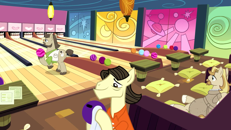 Size: 1920x1080 | Tagged: safe, derpibooru import, screencap, colter sobchak, jeff letrotski, theodore donald "donny" kerabatsos, earth pony, pony, the big mac question, background pony, bathrobe, bowling alley, bowling ball, bowling pin, clothes, male, movie reference, robe, stallion, the big lebowski, the dude