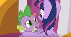 Size: 1234x646 | Tagged: safe, derpibooru import, screencap, spike, twilight sparkle, twilight sparkle (alicorn), alicorn, dragon, the ending of the end, leak, crying, cute, hug, mama twilight, medal, sparkle siblings, spikabetes, tears of joy, winged spike