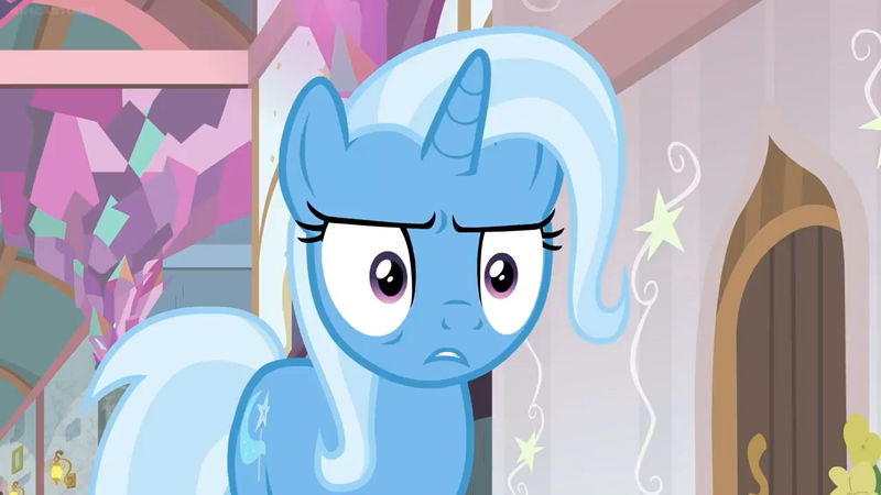 Size: 1366x768 | Tagged: safe, derpibooru import, screencap, trixie, pony, unicorn, a horse shoe-in, leak, disbelief, faic, solo