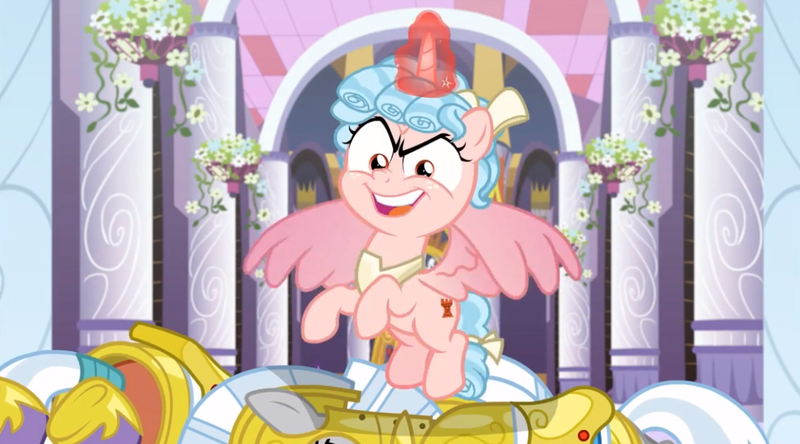 Size: 1232x684 | Tagged: safe, derpibooru import, screencap, cozy glow, alicorn, pony, the ending of the end, leak, alicornified, canterlot, cozy glow is best facemaker, cozycorn, crazy glow, crazycorn, dark magic, flying, guards, insanity, magic, race swap, smiling, smirk