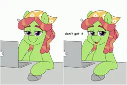 Size: 4096x2730 | Tagged: safe, artist:littlebibbo, derpibooru import, tree hugger, earth pony, pony, computer, computer mouse, confused, desk, looking at you, shitposting, simple background, sitting, smiling