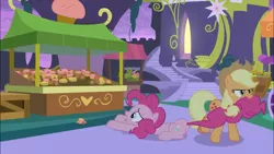 Size: 1366x768 | Tagged: safe, derpibooru import, screencap, applejack, pinkie pie, earth pony, pony, the summer sun setback, crate, cupcake, dessert, dragging, food, food stand, heart, mouth hold, pulling, stairs, unamused, vendor stall