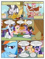 Size: 612x792 | Tagged: safe, artist:newbiespud, derpibooru import, edit, edited screencap, screencap, applejack, fluttershy, rainbow dash, rarity, twilight sparkle, zecora, earth pony, pegasus, pony, unicorn, zebra, comic:friendship is dragons, bridle gossip, building, comic, crossed arms, cup, cupcake, dialogue, ear piercing, earring, eyes closed, female, food, freckles, glowing horn, grumpy, hat, horn, jewelry, magic, mare, neck rings, piercing, screencap comic, teacup, telekinesis, unamused, unicorn twilight