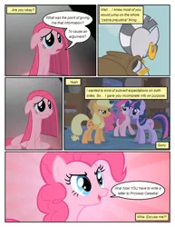 Size: 612x792 | Tagged: safe, artist:newbiespud, derpibooru import, edit, edited screencap, screencap, applejack, pinkie pie, twilight sparkle, zecora, earth pony, pony, unicorn, zebra, comic:friendship is dragons, bridle gossip, party of one, angry, cloak, clothes, comic, dialogue, ear piercing, earring, female, floppy ears, freckles, hat, hooves, horn, jewelry, mare, open mouth, piercing, pinkamena diane pie, sad, screencap comic, sunburst background, unicorn twilight