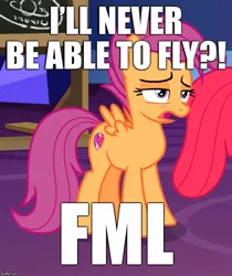 Size: 720x856 | Tagged: apple bloom, caption, cropped, cutie mark, derpibooru import, edit, edited screencap, fml, growing up is hard to do, image macro, older, older apple bloom, older scootaloo, sad but true, safe, scootaloo, scootaloo can't fly, scootaloo will never fly, screencap, solo focus, text, the cmc's cutie marks