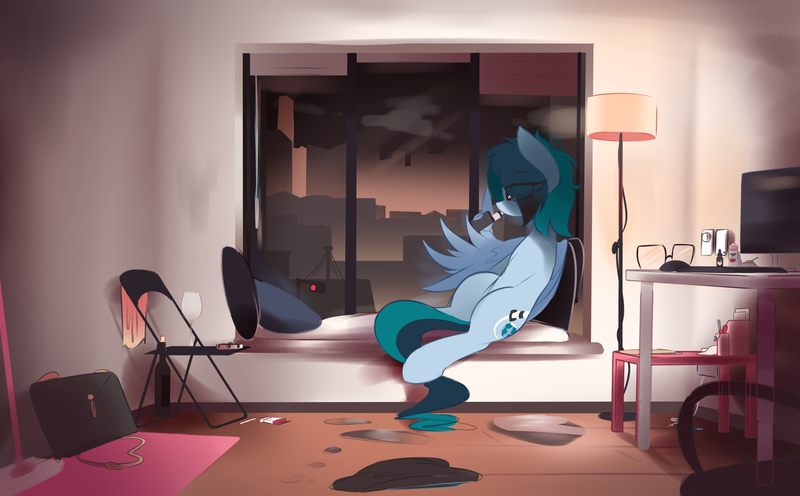 Size: 3236x2006 | Tagged: safe, artist:nevobaster, derpibooru import, oc, oc:delta vee, unofficial characters only, pegasus, pony, alcohol, alone, chair, cigarette, city, computer, depressed, depressing, female, lamp, mare, night, pillow, sitting, sky, vape, window, wine, wing hold