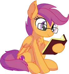 Size: 6168x6706 | Tagged: safe, artist:cyanlightning, derpibooru import, scootaloo, pegasus, pony, .svg available, absurd resolution, adorkable, book, chest fluff, cute, cutealoo, dork, ear fluff, female, filly, glasses, nerd, reading, simple background, sitting, smiling, solo, transparent background, vector