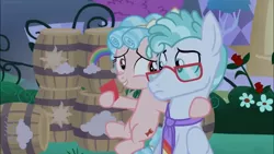 Size: 1366x768 | Tagged: safe, derpibooru import, screencap, cozy glow, feather flatterfly, pony, the summer sun setback, barrel, card, flower, hoof on shoulder, necktie, this will end in destruction, this will end in tears