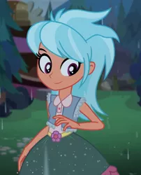 Size: 872x1080 | Tagged: safe, derpibooru import, screencap, frosty orange, equestria girls, equestria girls series, let it rain, spoiler:eqg series (season 2), background human, clothes, cropped, cute, dress, female, looking at you, outdoors, rain, smiling