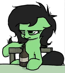 Size: 717x800 | Tagged: safe, artist:plunger, derpibooru import, edit, editor:playstation, oc, oc:anonfilly, unofficial characters only, pony, /mlp/, 4chan, alcohol, beer, bottle, female, filly, not amused face, simple background, sitting, solo, transparent background
