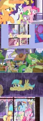 Size: 1364x3844 | Tagged: safe, derpibooru import, edit, edited screencap, screencap, apple cobbler, apple fritter, applejack, discord, fluttershy, rainbow dash, rarity, spike, dragon, pegasus, pony, the summer sun setback, apple family member, chaos, cloud, comic, dialogue, drained, fatigues, food, food stand, looking out the window, night, open mouth, pie, rain, raincloud, screencap comic, shocked, speech bubble, stained glass, stained glass window, surprised, weak, winged spike, worried