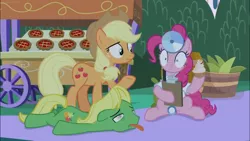 Size: 1366x768 | Tagged: safe, derpibooru import, screencap, applejack, pinkie pie, wensley, earth pony, pony, the summer sun setback, clipboard, cupcake, doctor, eating, fatigues, food, head mirror, night, surprised, tired, tongue out, weak, wide eyes