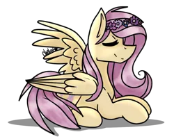 Size: 1000x800 | Tagged: safe, artist:cheluat, derpibooru import, fluttershy, pony, eyes closed, floral head wreath, flower, prone, signature, simple background, smiling, solo, transparent background