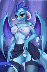 Size: 2000x3087 | Tagged: alternate version, anthro, artist:anxiety-chan, belly button, breasts, busty princess ember, cel shading, clothes, curvy, derpibooru import, dragon, female, garters, hourglass figure, looking at you, midriff, miniskirt, nail polish, panties, pleated skirt, princess ember, shading, skirt, skirt lift, socks, solo, solo female, stockings, suggestive, thigh highs, underwear, wide hips