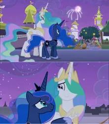 Size: 1364x1540 | Tagged: safe, derpibooru import, edit, edited screencap, screencap, princess celestia, princess luna, pony, the summer sun setback, canterlot, comic, crying, fireworks, liquid pride, moon, night, screencap comic, tears of joy, tower, tree