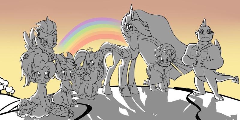 Size: 2048x1024 | Tagged: artist needed, source needed, safe, derpibooru import, applejack, fluttershy, pinkie pie, princess twilight 2.0, rainbow dash, rarity, spike, twilight sparkle, twilight sparkle (alicorn), alicorn, dragon, earth pony, pegasus, pony, unicorn, the last problem, end of ponies, finale, gigachad spike, older, older applejack, older fluttershy, older pinkie pie, older rainbow dash, older rarity, older spike, older twilight, sketch, the end