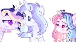 Size: 2440x1373 | Tagged: safe, artist:chickhen, artist:moon-rose-rosie, derpibooru import, oc, oc:angel blue, oc:astral moonlight, oc:celestial moon, alicorn, pony, unicorn, base used, female, magical lesbian spawn, multicolored hair, offspring, parent:rainbow dash, parent:twilight sparkle, parents:twidash, rainbow hair, smiling, smirk, sparkly mane