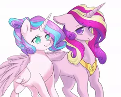 Size: 997x801 | Tagged: safe, artist:yuyusunshine, derpibooru import, princess cadance, princess flurry heart, alicorn, pony, female, mama cadence, mare, mother and child, mother and daughter, older, older flurry heart, simple background, story included, white background