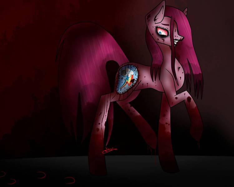 Size: 1000x800 | Tagged: grimdark, artist:krissograph, derpibooru import, pinkie pie, earth pony, pony, fanfic:cupcakes, black eye, blood, blood splatter, cutie mark, fanfic art, female, grin, implied rainbow dash, mare, pinkamena diane pie, raised hoof, redraw, smiling, solo, stitches, stray strand