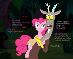 Size: 2536x2080 | Tagged: safe, derpibooru import, discord, pinkie pie, afraid of the dark, comforting, comic, comic dub, crying, dark forest, discopie, eyes in the dark, female, forest, frightened, glowing eyes, male, red eyes, scared, scary, shipping, spooky, straight, voice actor