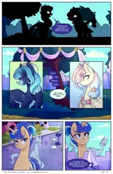 Size: 2301x3549 | Tagged: safe, artist:darlyjay, derpibooru import, oc, oc:glowing flower, oc:persephone, oc:sterling sentry, unofficial characters only, dracony, dragon, hybrid, pony, unicorn, comic:save the harmony, comic, female, interspecies offspring, mare, offspring, parent:discord, parent:flash sentry, parent:fluttershy, parent:rarity, parent:spike, parent:twilight sparkle, parents:discoshy, parents:flashlight, parents:sparity