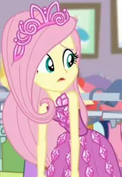 Size: 618x896 | Tagged: safe, derpibooru import, screencap, fluttershy, costume conundrum, equestria girls, equestria girls series, spoiler:choose your own ending (season 2), spoiler:eqg series (season 2), bare shoulders, clothes, costume conundrum: rarity, cropped, cute, dress, jewelry, leaned forward, princess fluttershy, rarity's bedroom, seriously, sleeveless, strapless, tiara