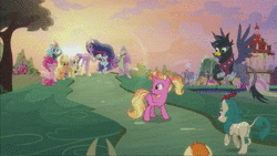 Size: 1920x1080 | Tagged: safe, derpibooru import, screencap, applejack, fluttershy, gallop j. fry, luster dawn, pinkie pie, rainbow dash, rarity, spike, twilight sparkle, twilight sparkle (alicorn), alicorn, earth pony, gryphon, kirin, pegasus, pony, unicorn, yak, the last problem, animated, book, book end, book of harmony, clothes, coat, crown, end of ponies, flying, full circle, hat, jacket, jewelry, looking back, older, older gallop j. fry, pony history, ponyville, regalia, sound, sunset, the end, the ride is over, walking, wave, webm