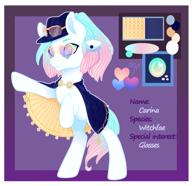 Size: 1497x1452 | Tagged: safe, artist:shady-bush, derpibooru import, oc, oc:carina, earth pony, original species, pony, female, hat, mare, reference sheet, solo, sunglasses, witchfae