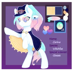 Size: 1497x1452 | Tagged: safe, artist:shady-bush, derpibooru import, oc, oc:carina, earth pony, original species, pony, female, hat, mare, reference sheet, solo, sunglasses, witchfae