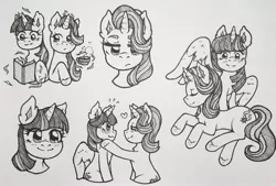 Size: 2832x1912 | Tagged: safe, artist:marshmallowbreeze, derpibooru import, starlight glimmer, twilight sparkle, twilight sparkle (alicorn), alicorn, pony, unicorn, blushing, female, lesbian, monochrome, shipping, traditional art, twistarlight