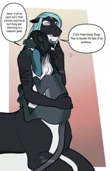 Size: 1540x2405 | Tagged: anthro, anthro centaur, anthro oc, artist:blackblood-queen, brother and sister, centaur, comforting, derpibooru import, dialogue, female, male, mare, oc, oc:mako, oc:pandie, orca, orca pony, original species, safe, siblings, speech bubble, stallion, unofficial characters only