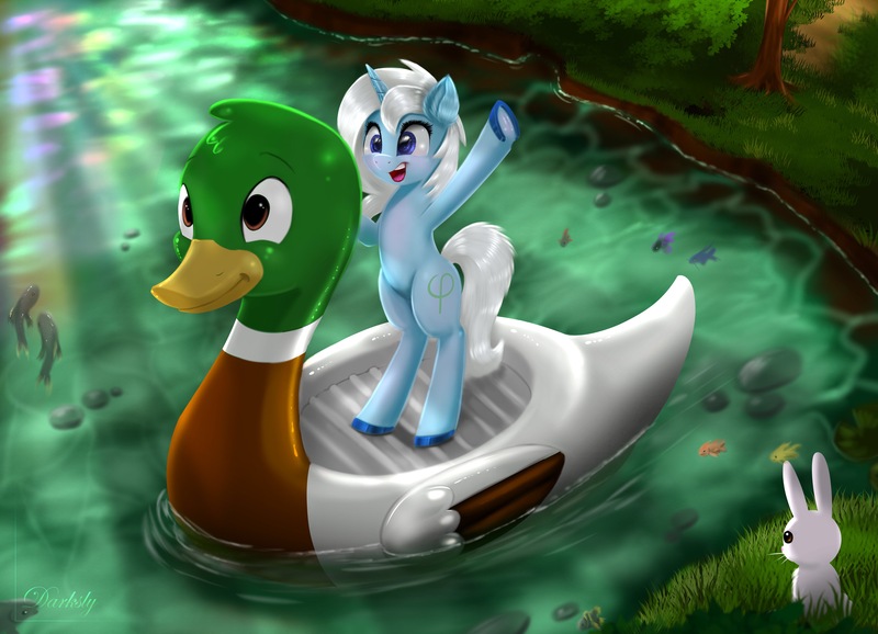 Size: 6300x4550 | Tagged: safe, artist:darksly, derpibooru import, oc, oc:eula phi, unofficial characters only, fish, rabbit, unicorn, animal, bipedal, female, happy, inflatable, mare, open mouth, pond, rubber duck, smiling, solo, standing