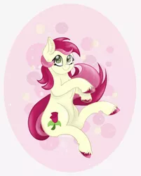 Size: 10261x12777 | Tagged: safe, artist:nyota71, derpibooru import, roseluck, earth pony, pony, bubble, chest fluff, circle background, colored hooves, cute, ear fluff, female, floating, flower, fluffy, green eyes, hoof fluff, long tail, pink, pink mane, rose, simple background, solo