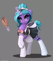 Size: 2600x3000 | Tagged: safe, artist:skitsniga, derpibooru import, oc, oc:eleane tih, unofficial characters only, pony, unicorn, clothes, cute, duster, female, gray background, high res, levitation, magic, maid, mare, simple background, skirt, smiling, socks, solo, stockings, telekinesis, thigh highs